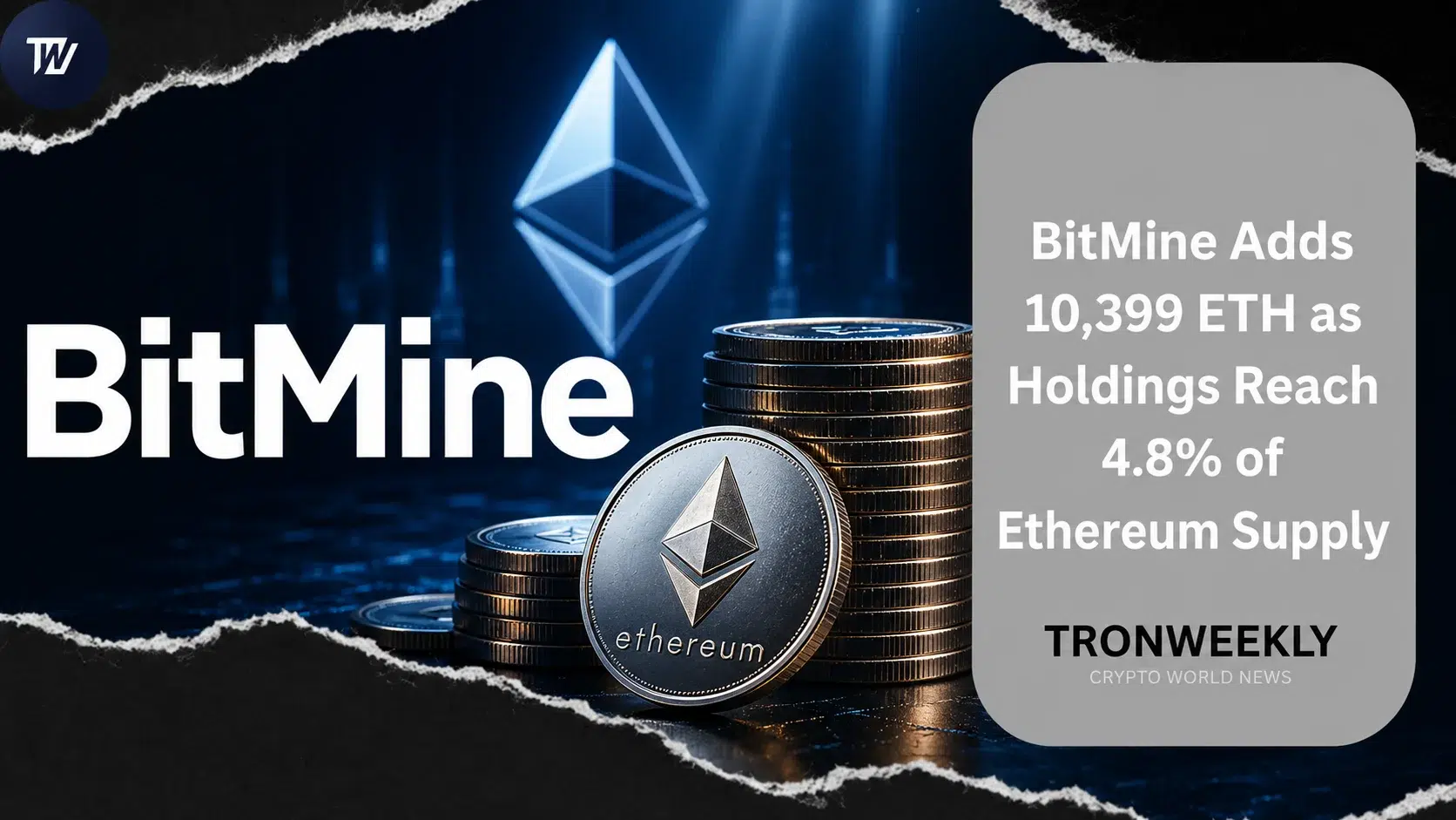 BitMine Adds 10,399 ETH, Holdings Reach 4.8% of Ethereum Supply