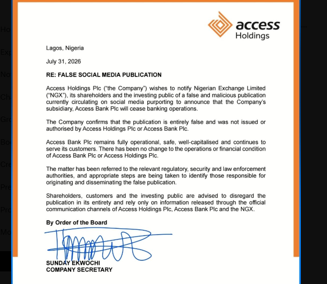 Access Holdings опровергла ложный отчет о закрытии Access Bank и пригрозила судебными мерами