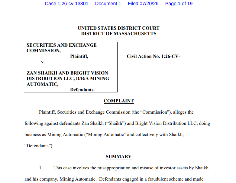 SEC США предъявила Mining Automatic и Zan Shaikh обвинения в предполагаемом мошенничестве с криптомайнингом на $22 млн