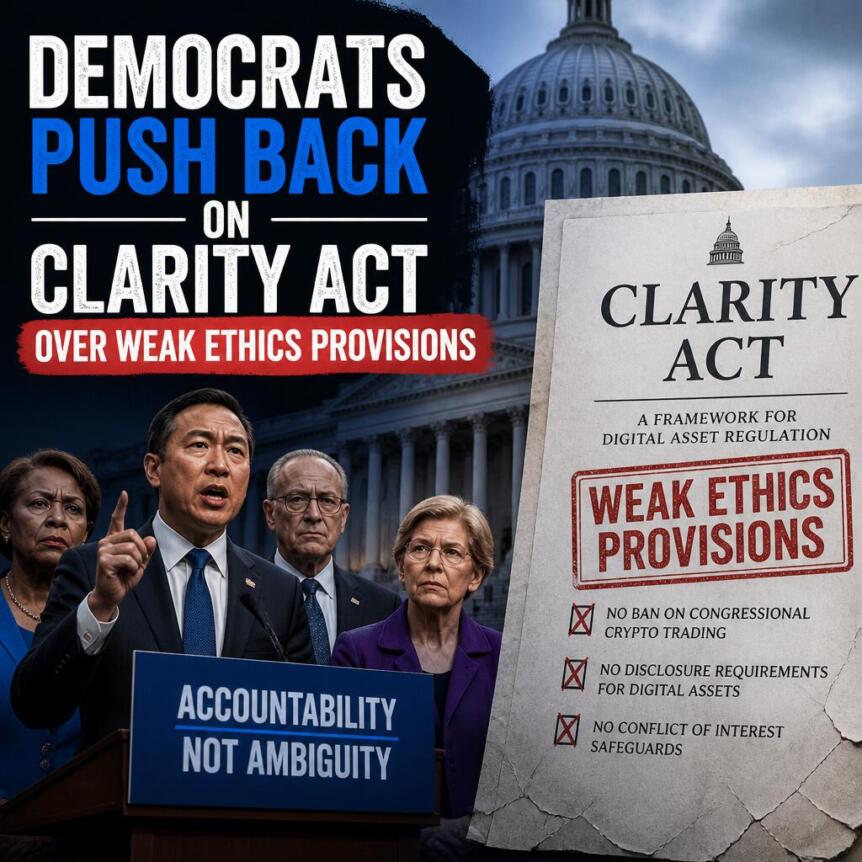 Демократы выступили против CLARITY Act из-за положений об этике, тогда как криптоиндустрия поддерживает законопроект