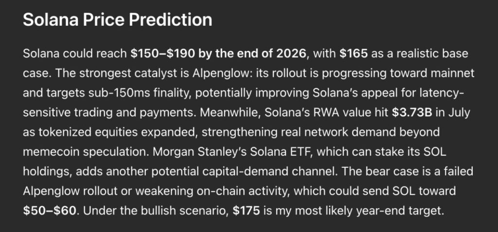 ChatGPT AI Forecast Targets Solana at $150–$190 by End of 2026 on Alpenglow and Tokenized Asset Growth