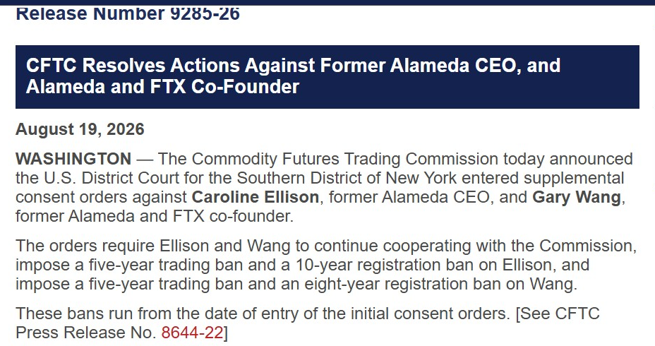 CFTC завершила гражданские дела против Кэролайн Эллисон и Гэри Ванга