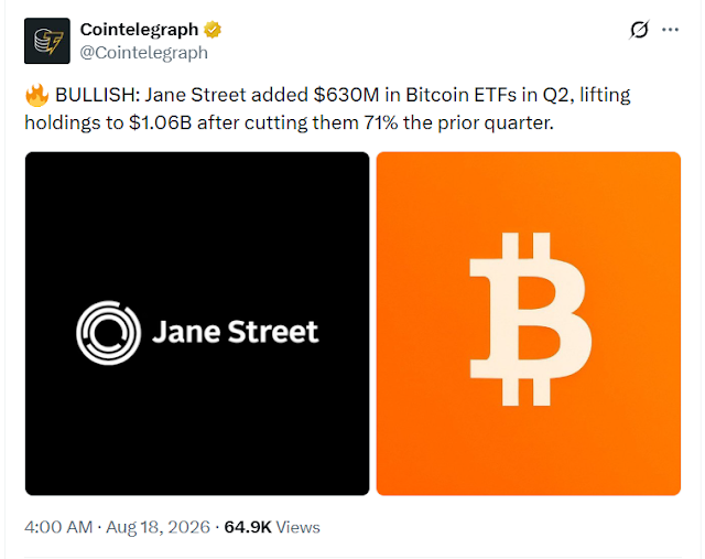 Jane Street увеличила вложения в Bitcoin ETF примерно до $1.06 млрд после сокращения на 71% в Q1
