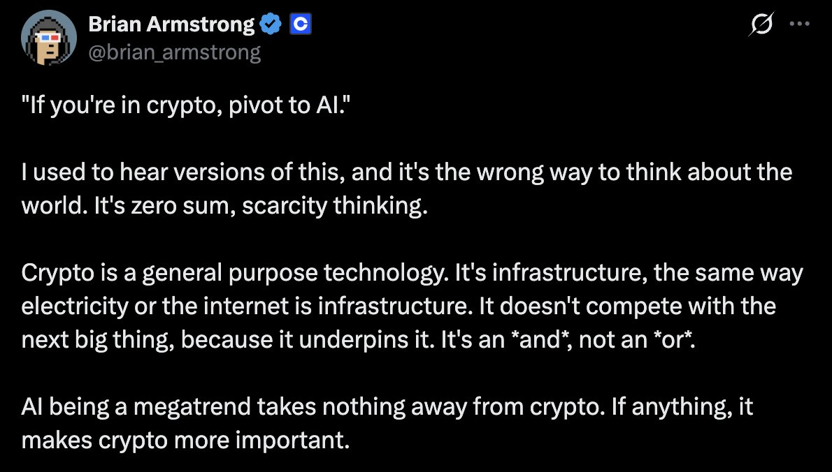 Coinbase CEOのBrian Armstrong氏、暗号資産がAIエージェント決済を支える可能性を示す