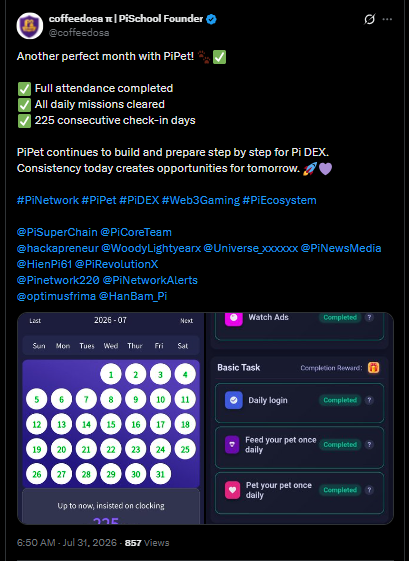 PiPet достиг 225 последовательных дней! Сообщественный проект набирает обороты на фоне возможной разработки Pi DEX