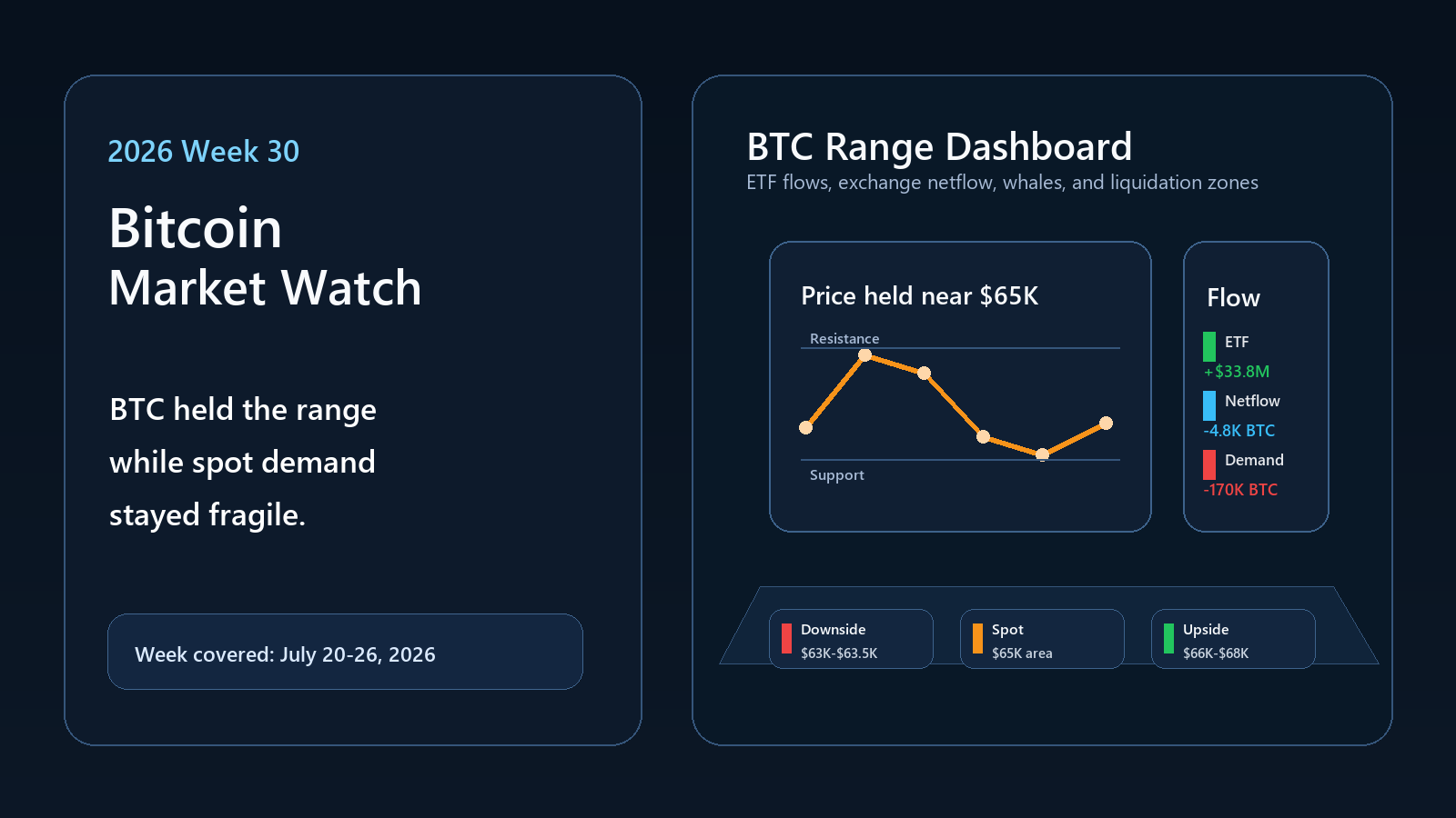2026 Week 30 Bitcoin Market Watch: BTC Holds Near $65K as ETF Demand Fades and Spot Demand Stays Fragile