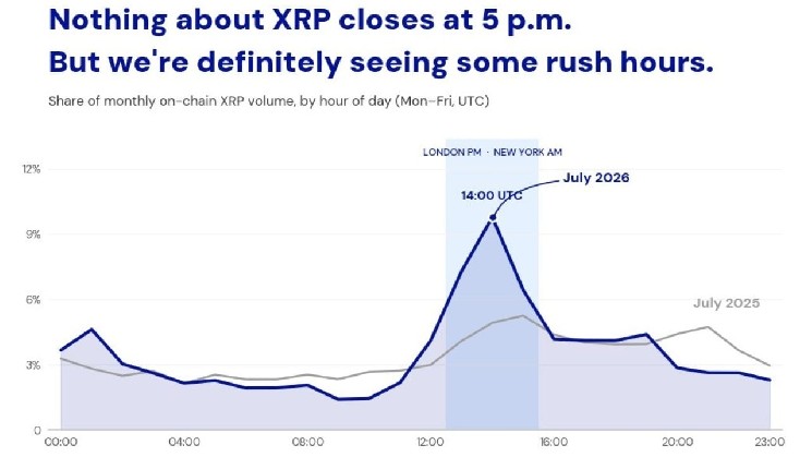 XRP фиксирует 23% ончейн-объёма торгов в трёхчасовом окне в будний день