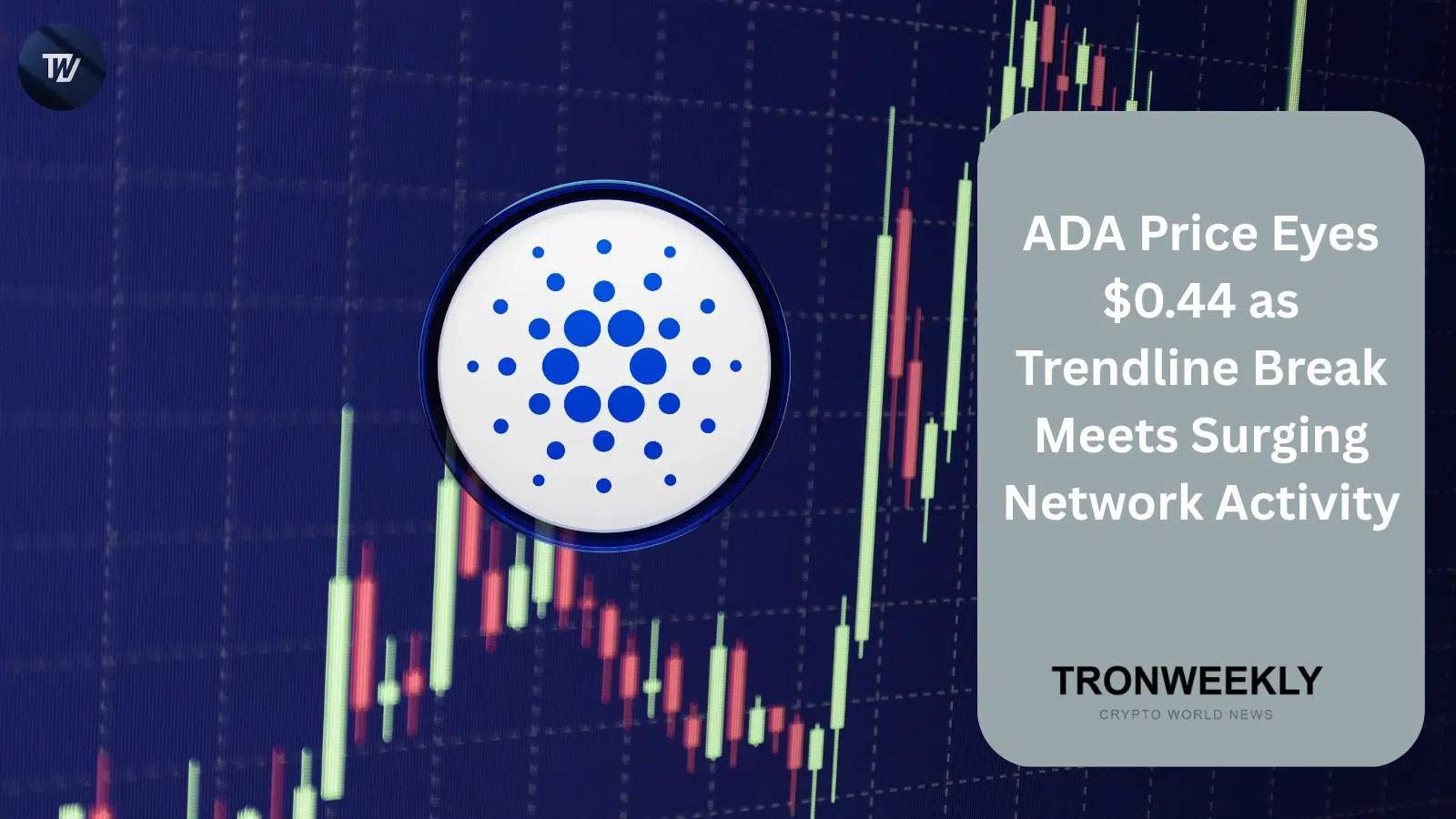ADA apunta a $0.44 mientras la ruptura de la línea de tendencia coincide con una actividad récord en la red de Cardano