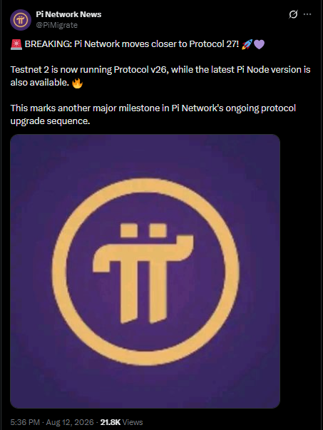Pi Network zbliża się do Protocol 27, gdy Testnet 2 osiąga v26, a najnowsza wersja Pi Node zostaje udostępniona