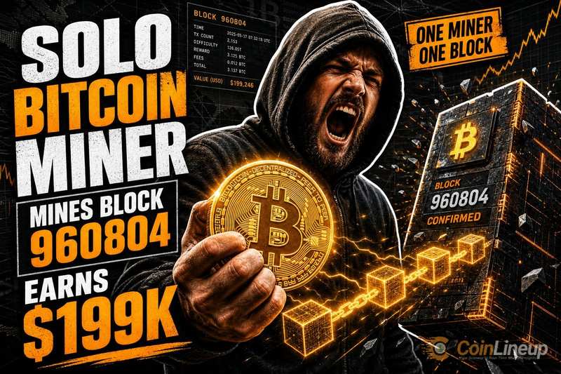 Соло-майнер Bitcoin самостоятельно решил блок 960804, получив около 199 000 долларов вознаграждения