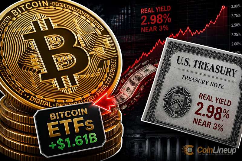 Gli ETF Bitcoin raccolgono 1,61 miliardi di dollari in quattro sedute mentre i rendimenti reali dei Treasury si avvicinano al 3%