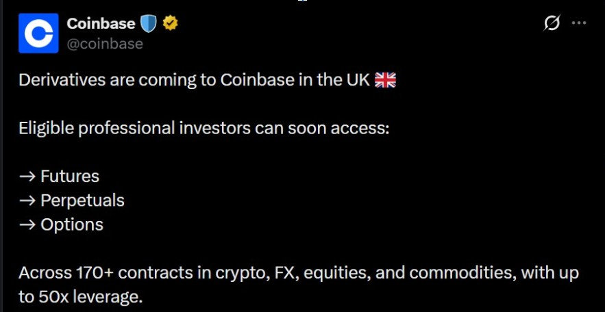 Coinbase股票上涨：英国衍生品业务持续扩展